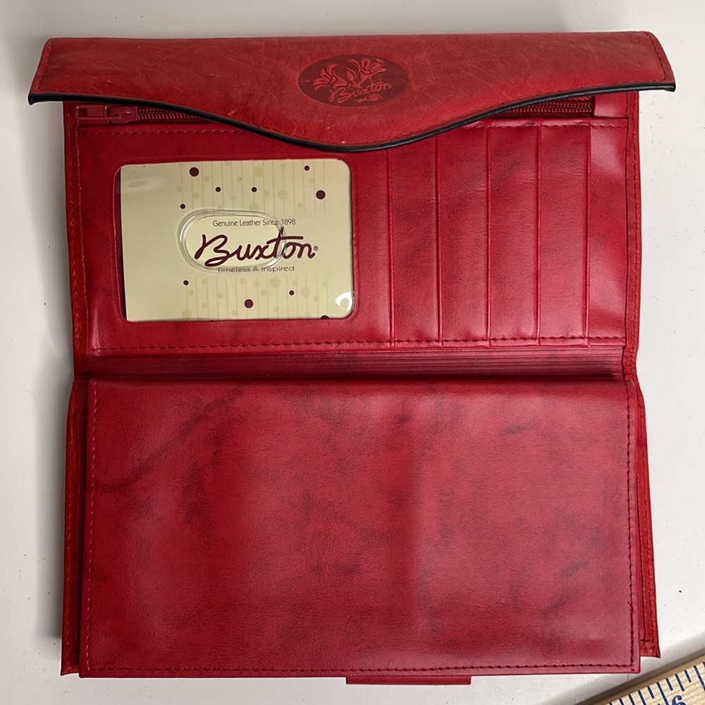 Buxton top grain leather checkbook wallet, in warm red, NWOT